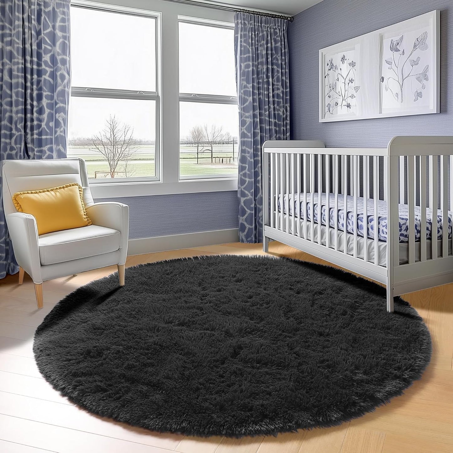 Black round Area Rugs 6Ft, Ultra Soft Bedroom Circle Rug for Kids Girls Boys Teen Room, Fluffy Plush Shaggy Carpet Floor Mats for Baby Nursery Living Room Playroom Dorm Home Decor