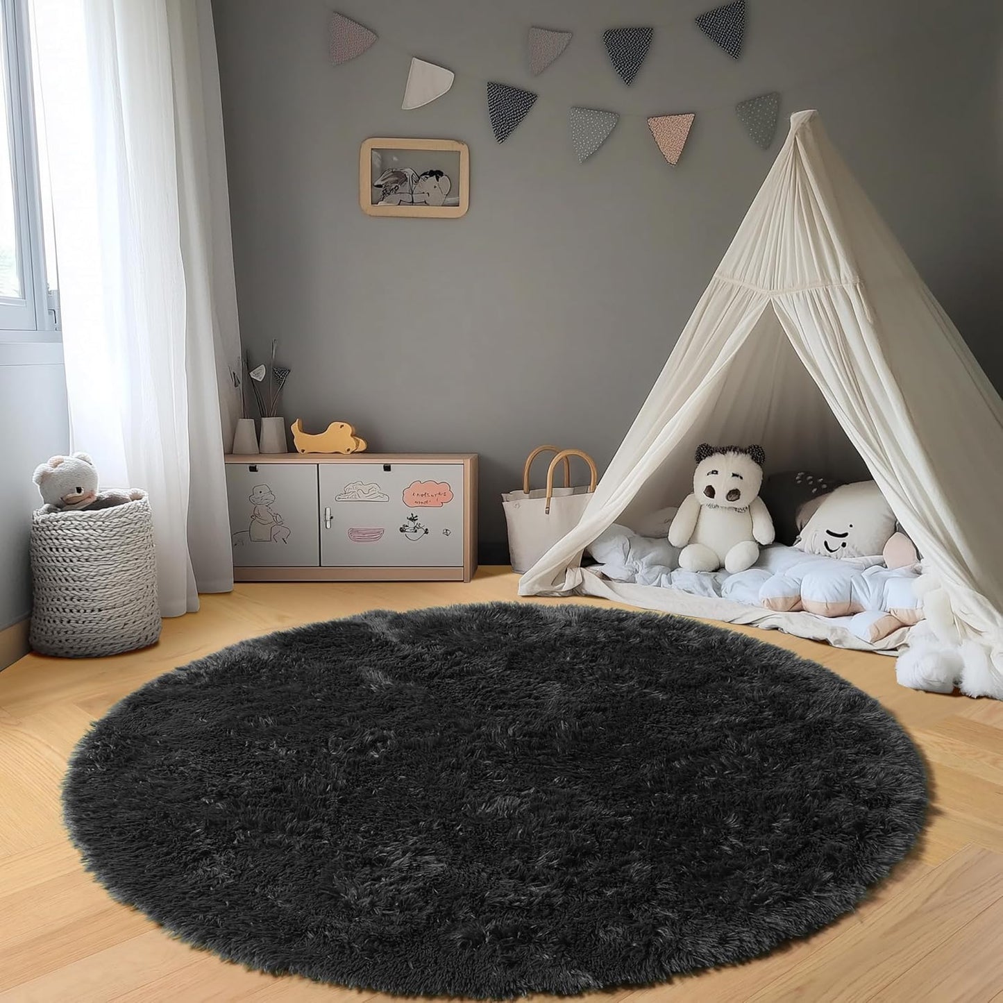 Black round Area Rugs 6Ft, Ultra Soft Bedroom Circle Rug for Kids Girls Boys Teen Room, Fluffy Plush Shaggy Carpet Floor Mats for Baby Nursery Living Room Playroom Dorm Home Decor