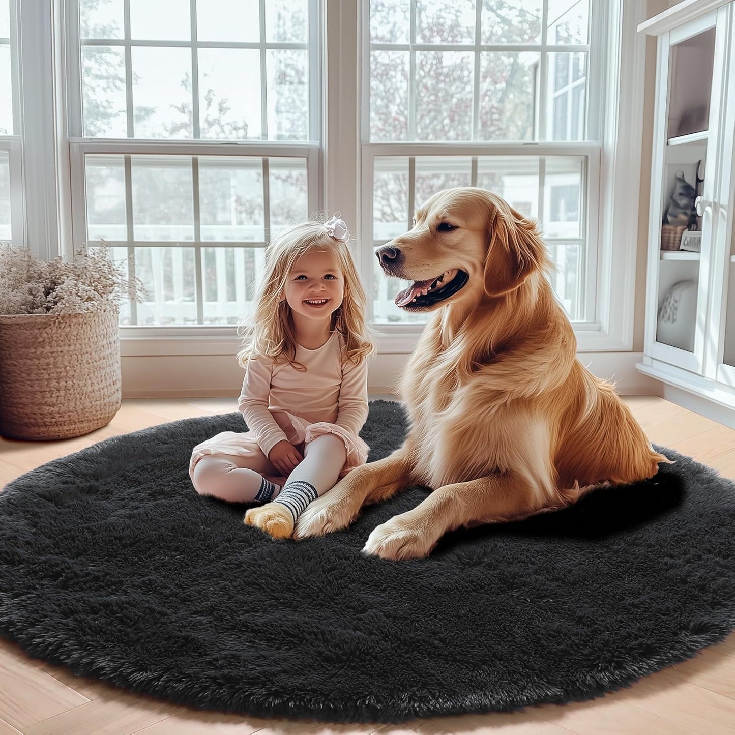 Black round Area Rugs 6Ft, Ultra Soft Bedroom Circle Rug for Kids Girls Boys Teen Room, Fluffy Plush Shaggy Carpet Floor Mats for Baby Nursery Living Room Playroom Dorm Home Decor