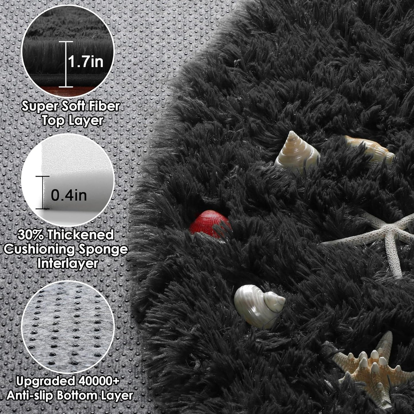 Black round Area Rugs 6Ft, Ultra Soft Bedroom Circle Rug for Kids Girls Boys Teen Room, Fluffy Plush Shaggy Carpet Floor Mats for Baby Nursery Living Room Playroom Dorm Home Decor