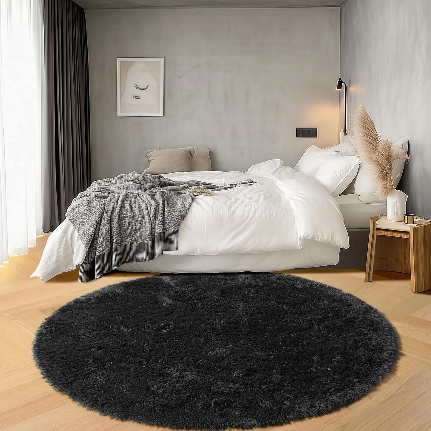 Black round Area Rugs 6Ft, Ultra Soft Bedroom Circle Rug for Kids Girls Boys Teen Room, Fluffy Plush Shaggy Carpet Floor Mats for Baby Nursery Living Room Playroom Dorm Home Decor