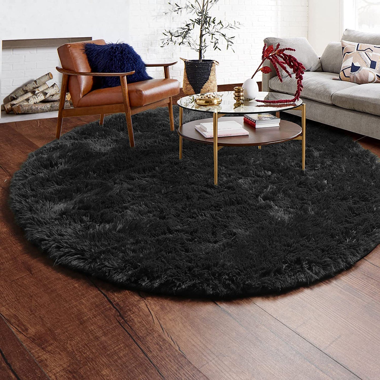 Black round Area Rugs 6Ft, Ultra Soft Bedroom Circle Rug for Kids Girls Boys Teen Room, Fluffy Plush Shaggy Carpet Floor Mats for Baby Nursery Living Room Playroom Dorm Home Decor