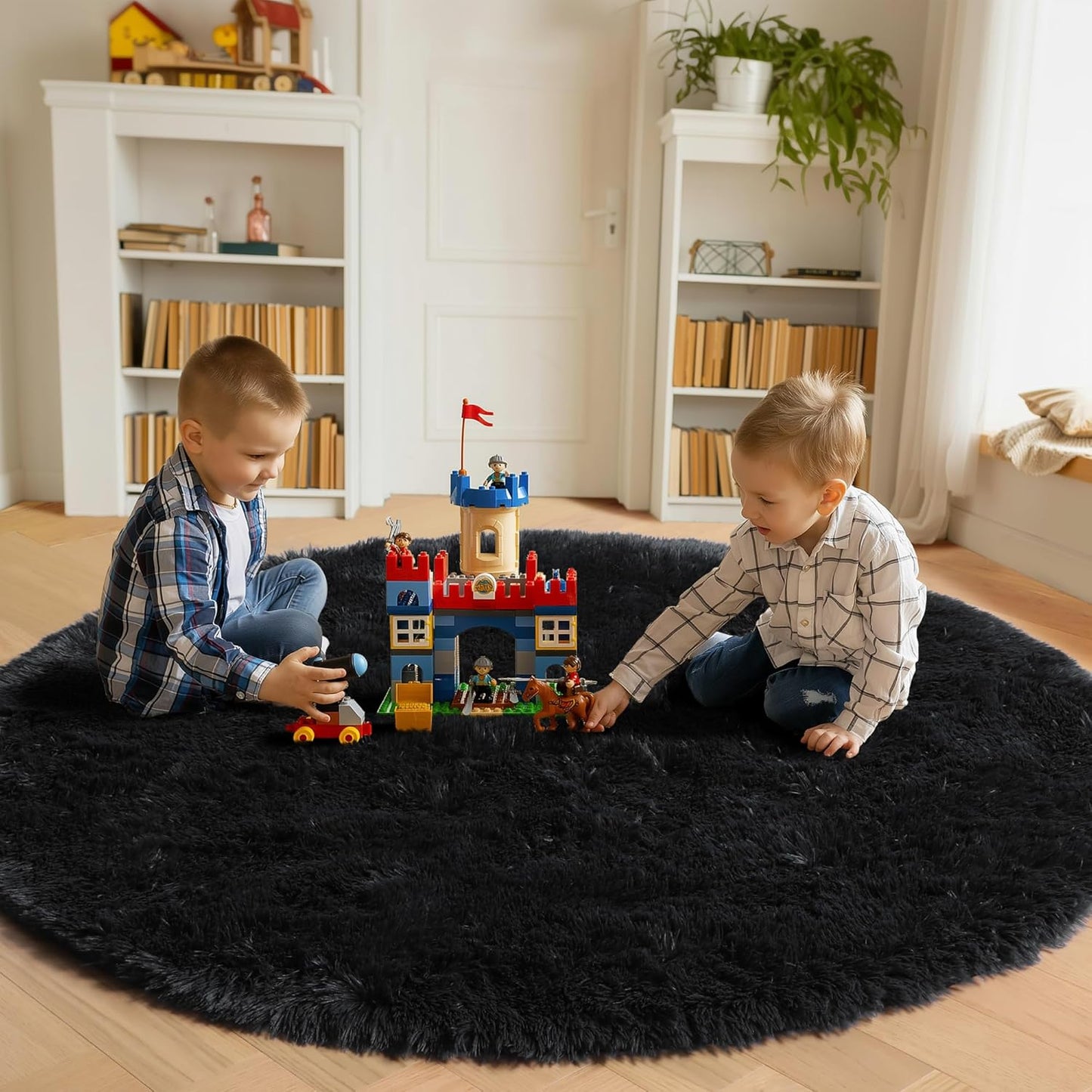 Black round Area Rugs 6Ft, Ultra Soft Bedroom Circle Rug for Kids Girls Boys Teen Room, Fluffy Plush Shaggy Carpet Floor Mats for Baby Nursery Living Room Playroom Dorm Home Decor