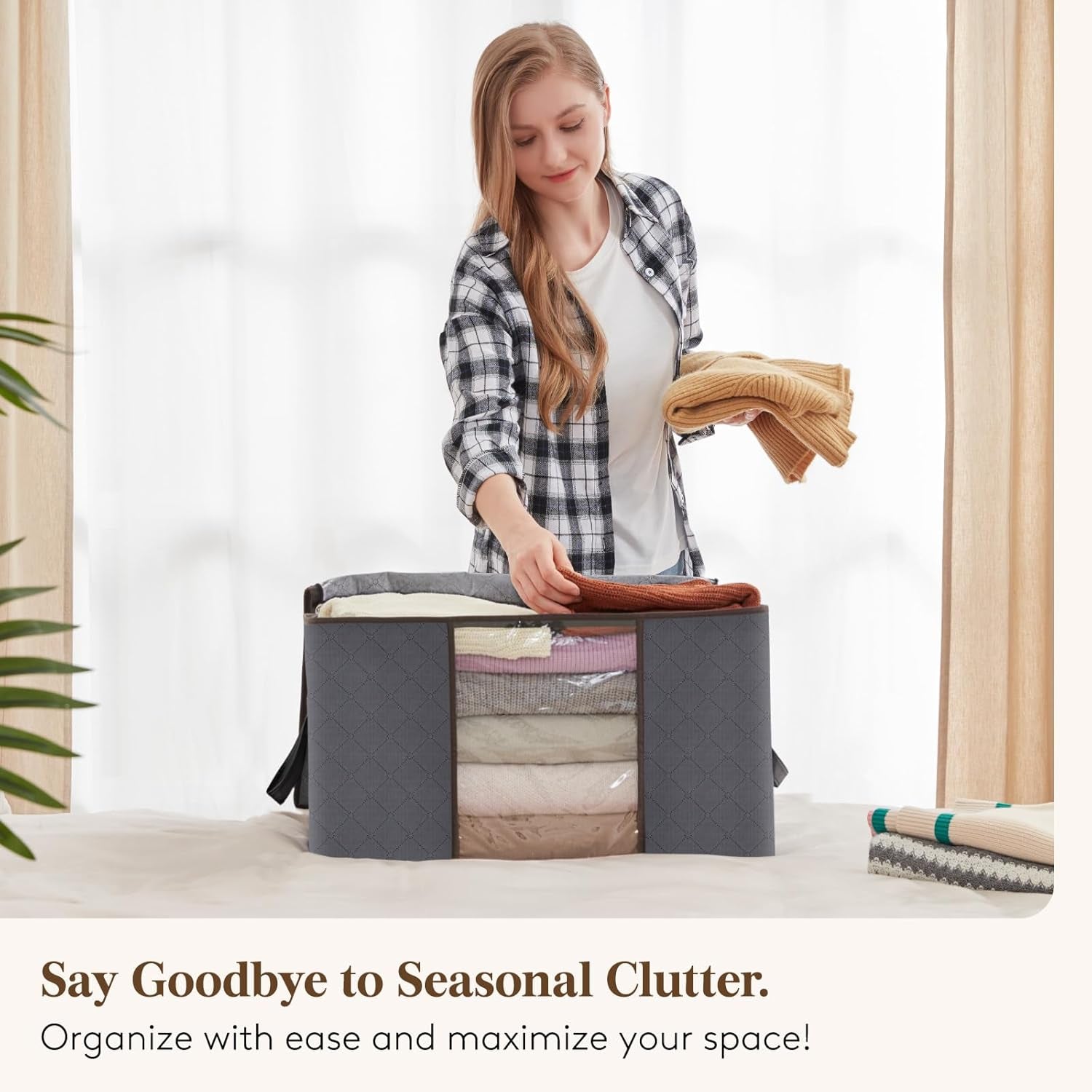 2 Pack Clothes Storage, Foldable Organization Bins with Lids and Clear Window for Blanket, in Closet with Reinforced Handles for Clothing, Bedding, Gray