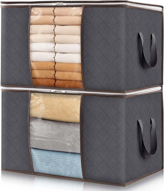 2 Pack Clothes Storage, Foldable Organization Bins with Lids and Clear Window for Blanket, in Closet with Reinforced Handles for Clothing, Bedding, Gray