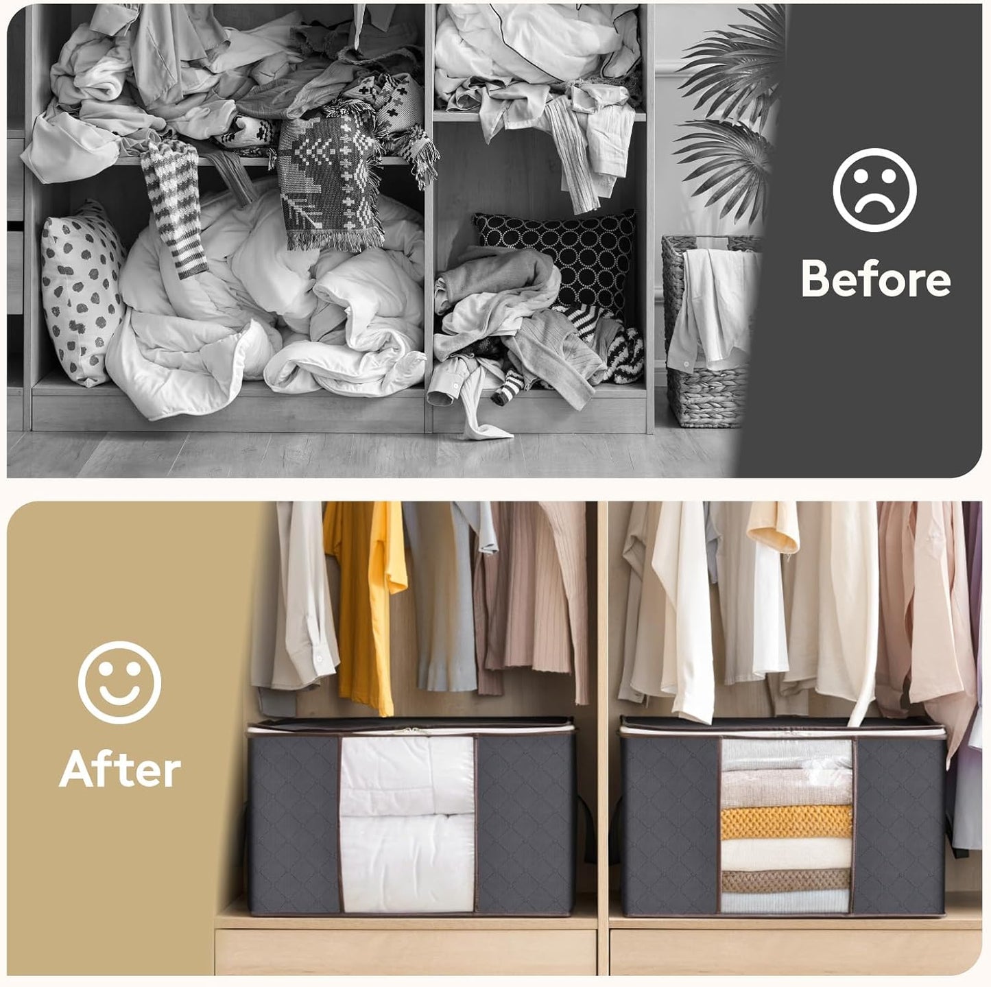 2 Pack Clothes Storage, Foldable Organization Bins with Lids and Clear Window for Blanket, in Closet with Reinforced Handles for Clothing, Bedding, Gray