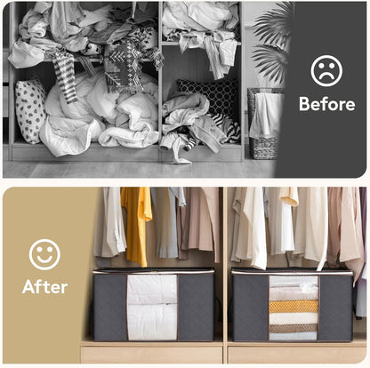 2 Pack Clothes Storage, Foldable Organization Bins with Lids and Clear Window for Blanket, in Closet with Reinforced Handles for Clothing, Bedding, Gray