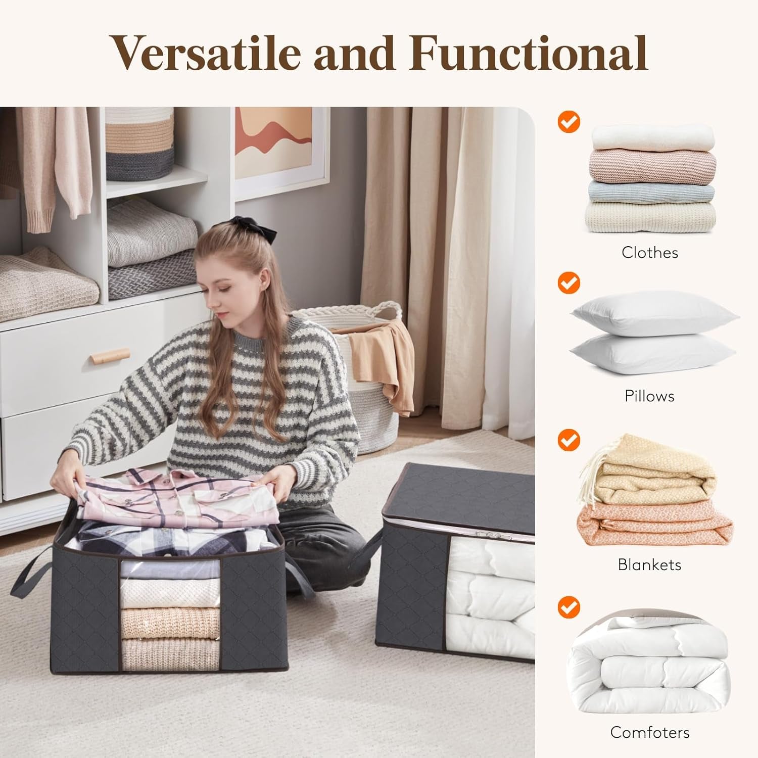 2 Pack Clothes Storage, Foldable Organization Bins with Lids and Clear Window for Blanket, in Closet with Reinforced Handles for Clothing, Bedding, Gray