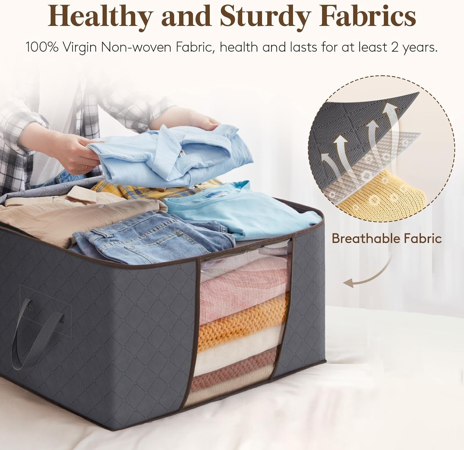 2 Pack Clothes Storage, Foldable Organization Bins with Lids and Clear Window for Blanket, in Closet with Reinforced Handles for Clothing, Bedding, Gray