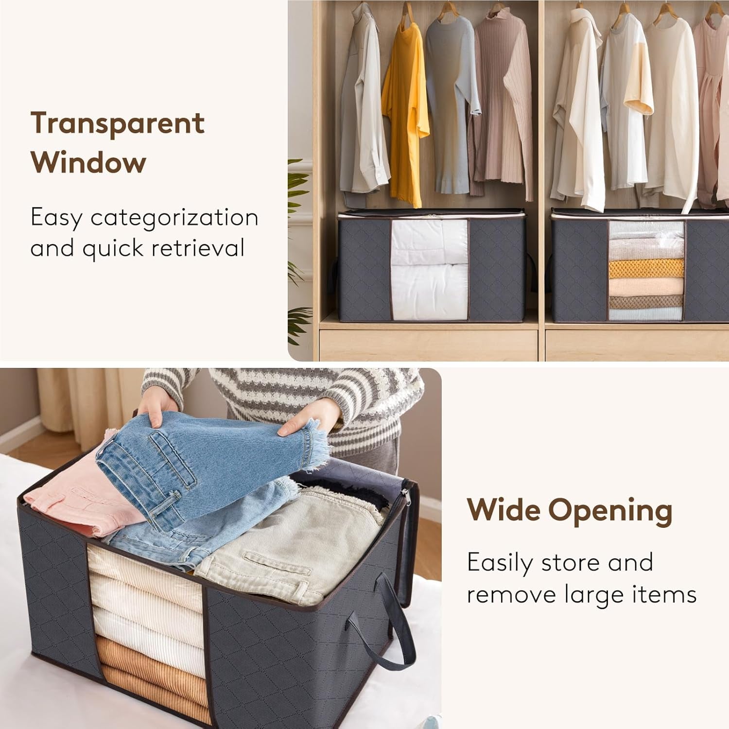 2 Pack Clothes Storage, Foldable Organization Bins with Lids and Clear Window for Blanket, in Closet with Reinforced Handles for Clothing, Bedding, Gray