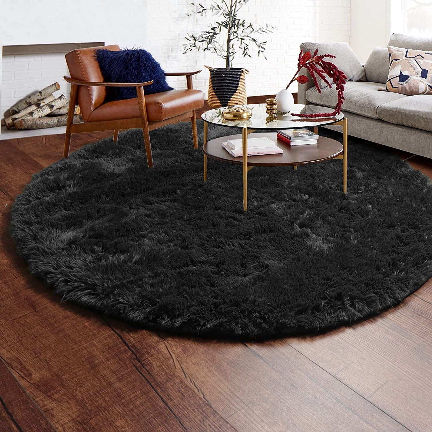 Black round Area Rugs 6Ft, Ultra Soft Bedroom Circle Rug for Kids Girls Boys Teen Room, Fluffy Plush Shaggy Carpet Floor Mats for Baby Nursery Living Room Playroom Dorm Home Decor