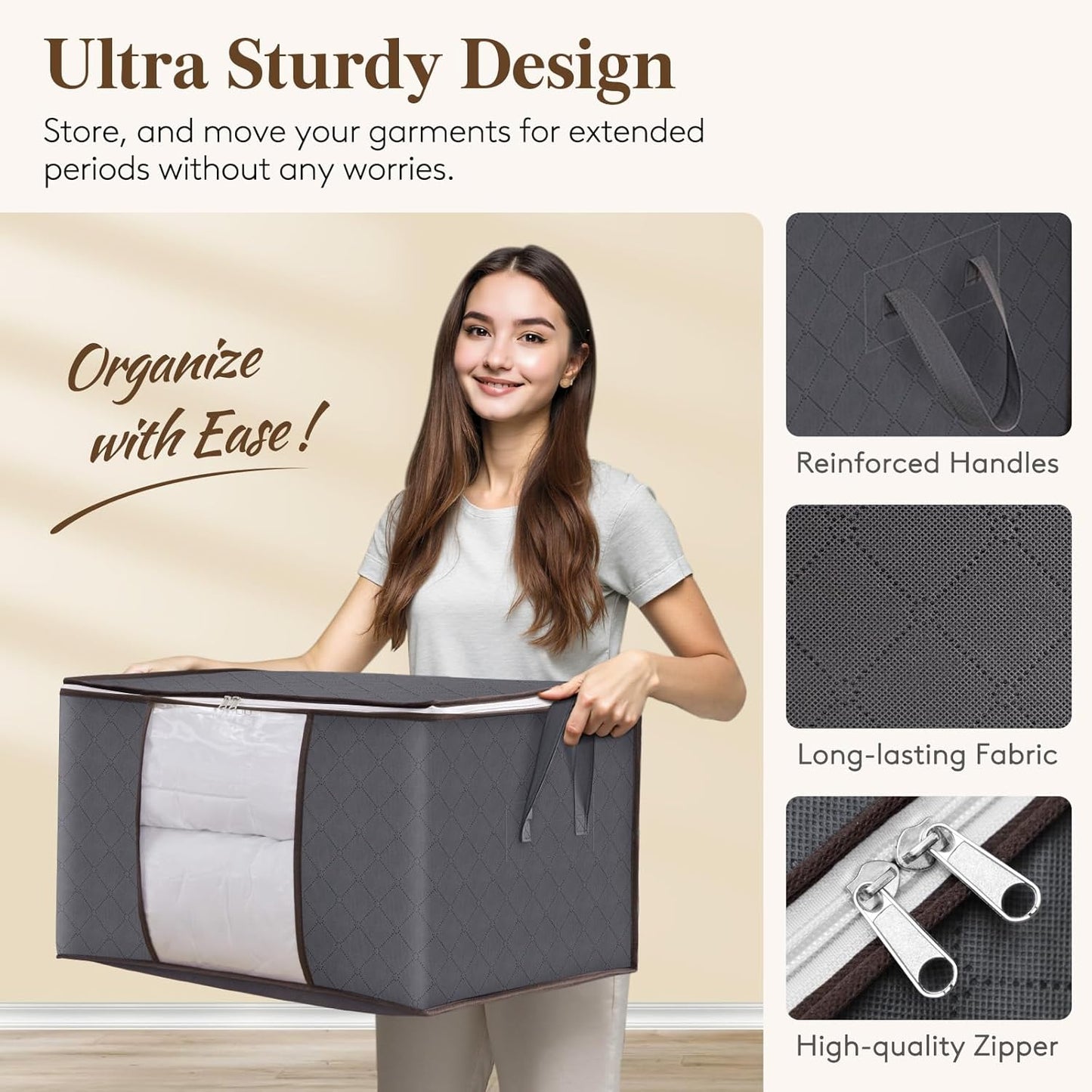 2 Pack Clothes Storage, Foldable Organization Bins with Lids and Clear Window for Blanket, in Closet with Reinforced Handles for Clothing, Bedding, Gray