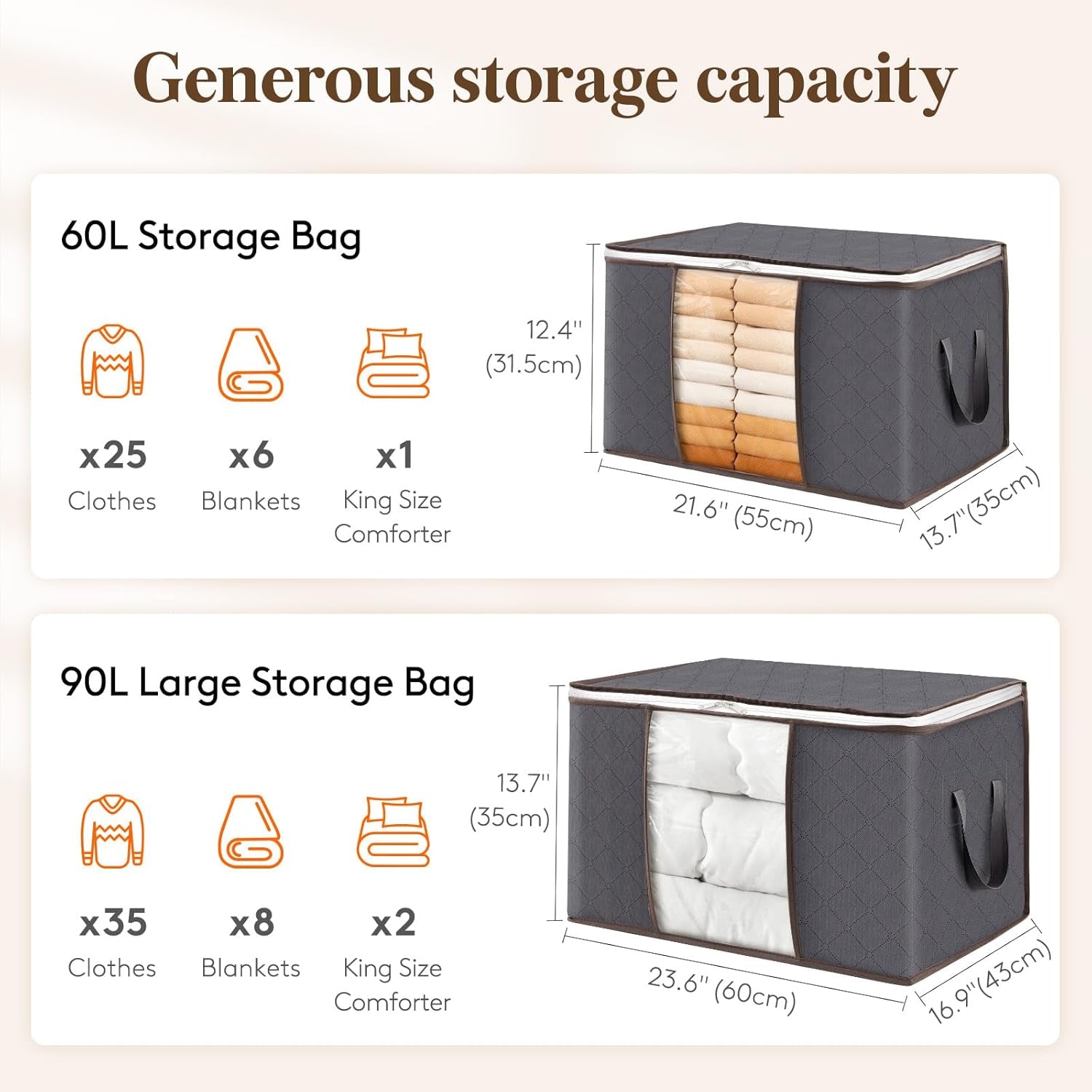 2 Pack Clothes Storage, Foldable Organization Bins with Lids and Clear Window for Blanket, in Closet with Reinforced Handles for Clothing, Bedding, Gray