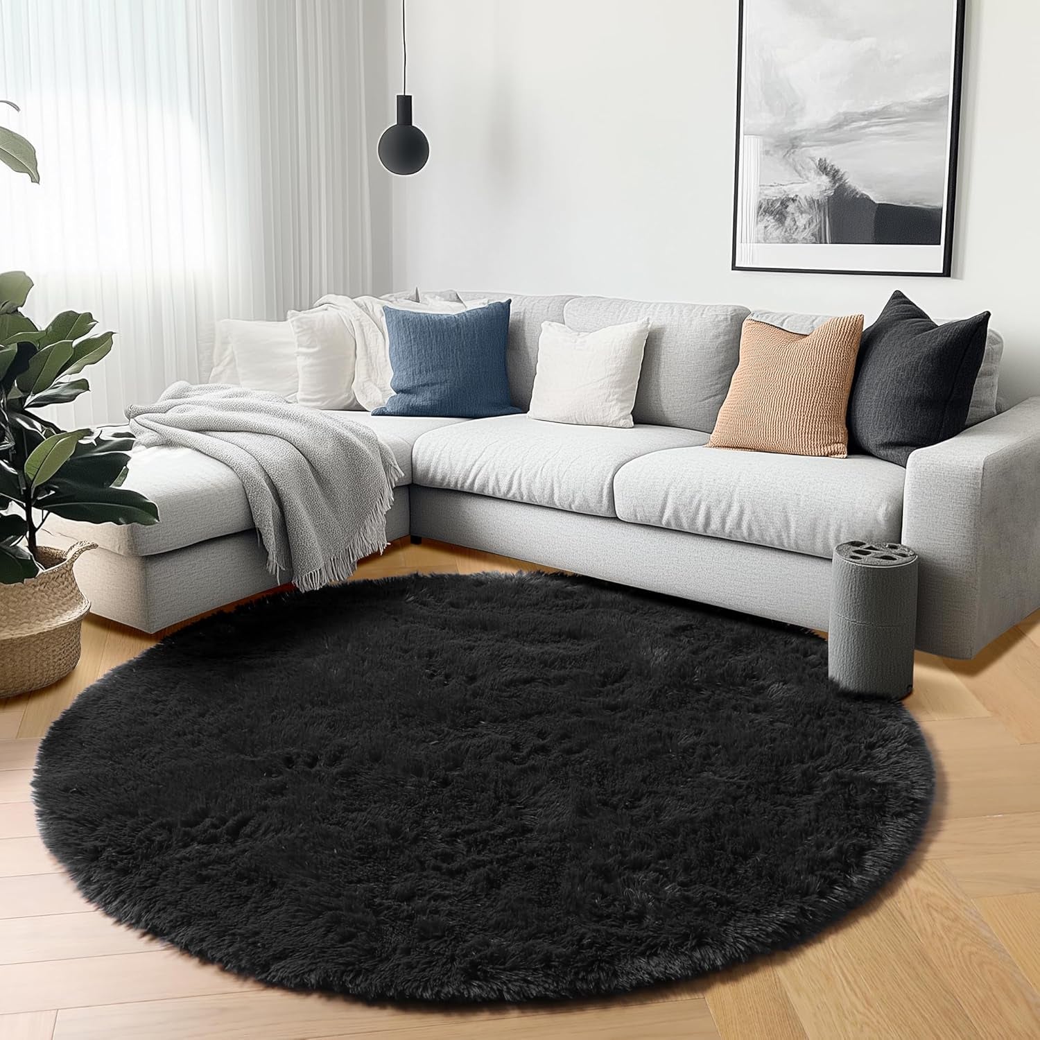 Black round Area Rugs 6Ft, Ultra Soft Bedroom Circle Rug for Kids Girls Boys Teen Room, Fluffy Plush Shaggy Carpet Floor Mats for Baby Nursery Living Room Playroom Dorm Home Decor