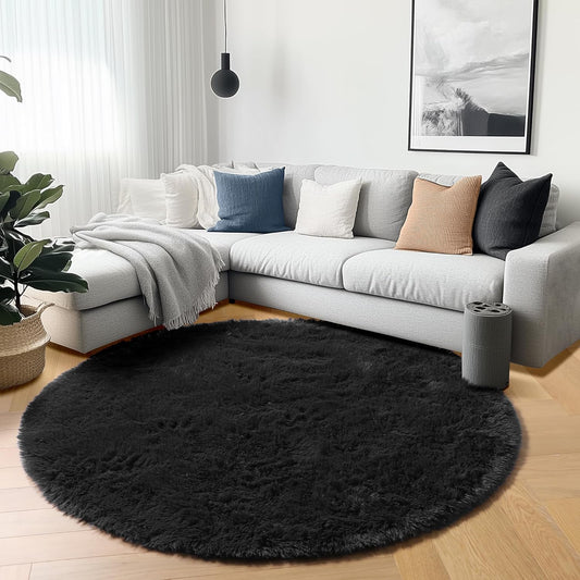 Black round Area Rugs 6Ft, Ultra Soft Bedroom Circle Rug for Kids Girls Boys Teen Room, Fluffy Plush Shaggy Carpet Floor Mats for Baby Nursery Living Room Playroom Dorm Home Decor