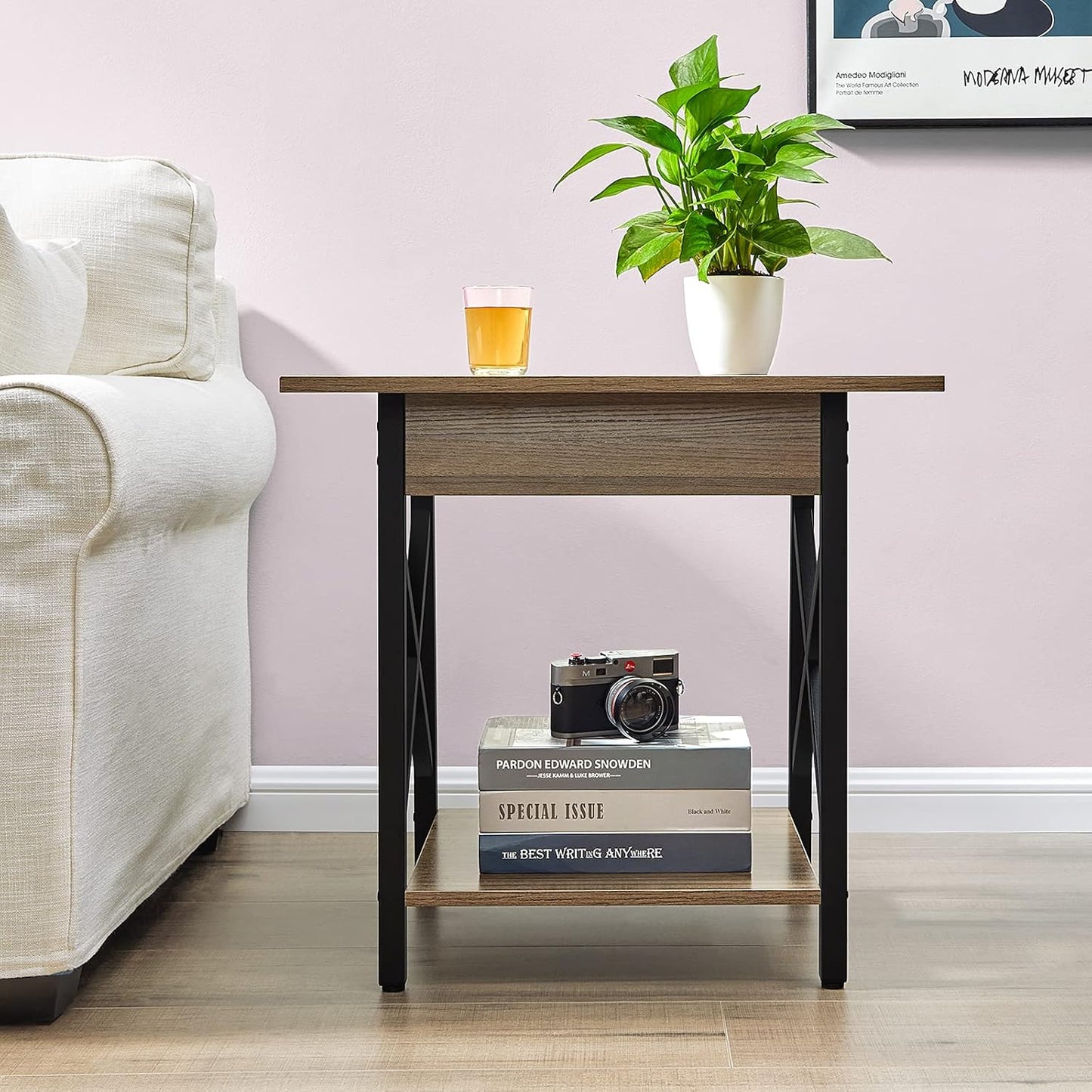End Table Large 24 Inch Farmhouse Industrial Design Side Table Nightstand with Storage Shelf for Living Room, Easy Assembly, Espresso